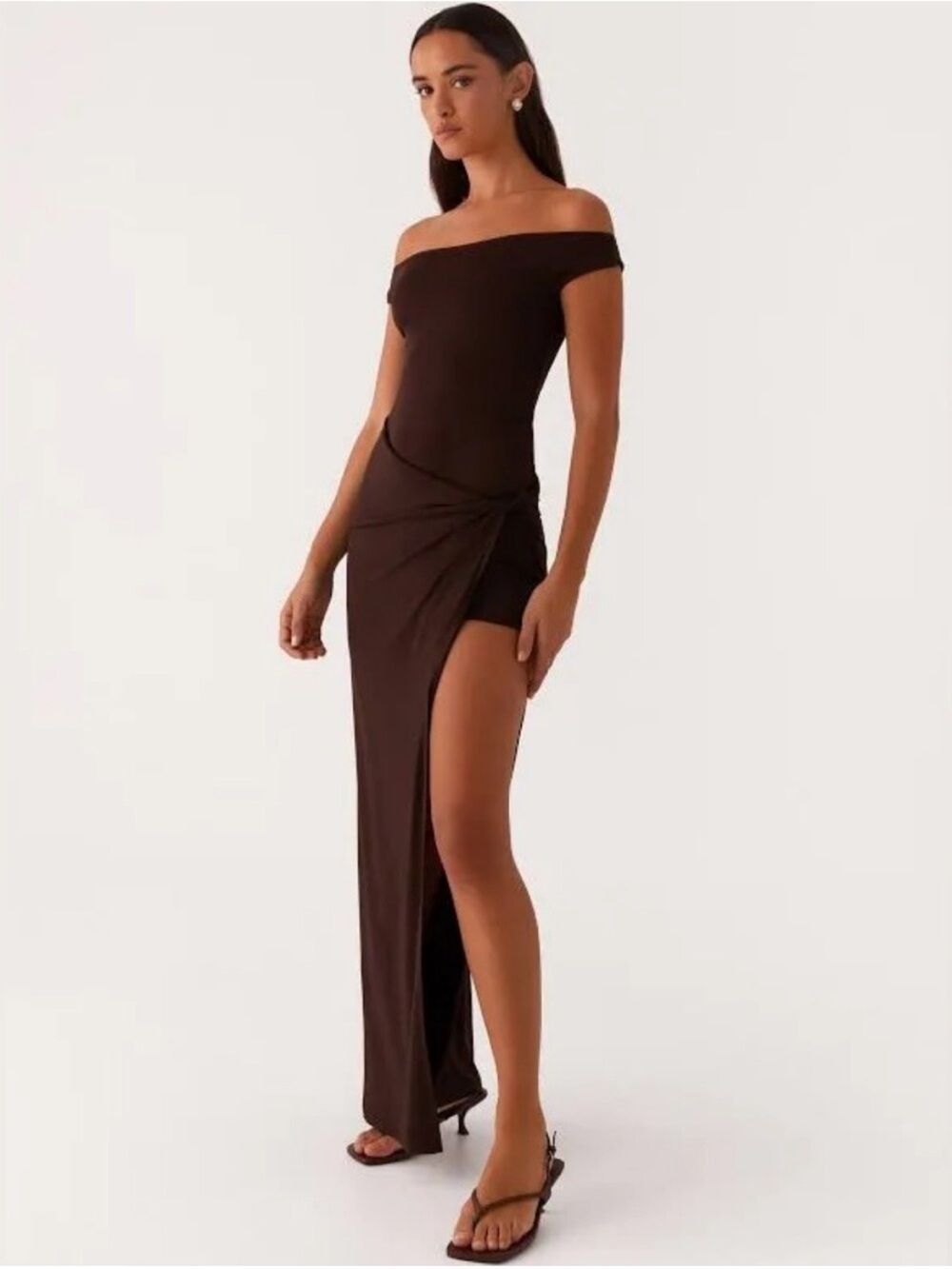 Peppermayo Off-Shoulder Brown Maxi Dress with High Slit